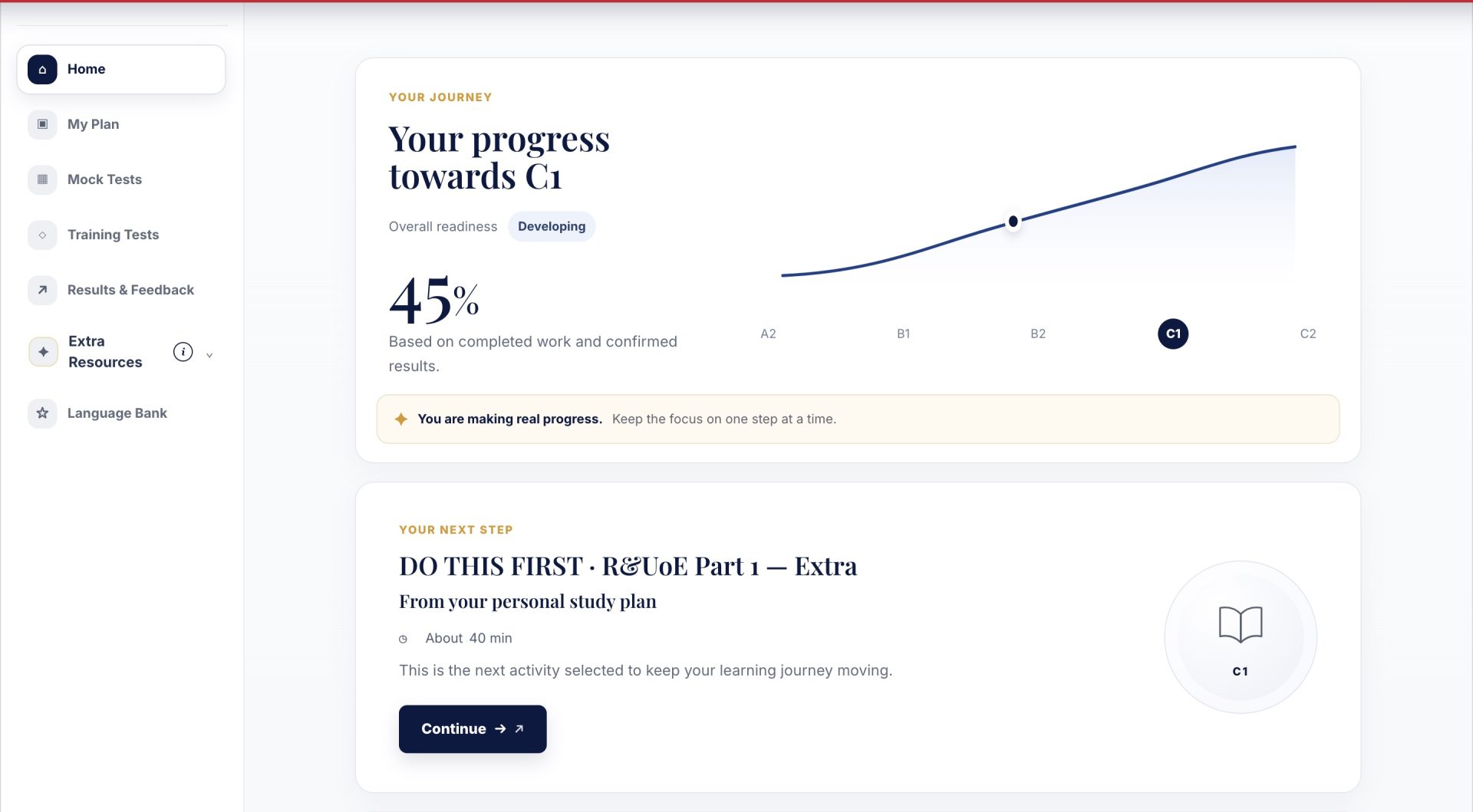 Dashboard BRT con avanzamento verso il C1, grafico dei livelli e prossima attività consigliata