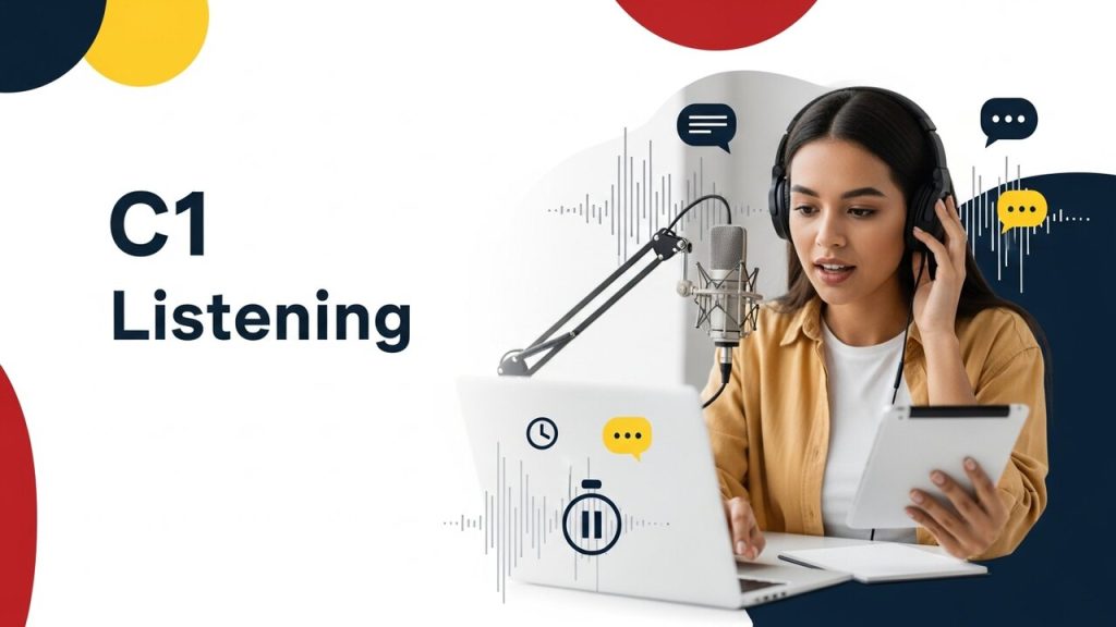 Studentessa con cuffie e microfono durante un esercizio di listening inglese C1 per Pearson