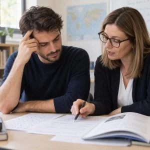 Scena illustrativa generata con AI: un candidato rivede una prova d’esame con una docente.