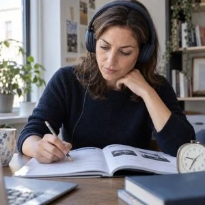 Scena illustrativa generata con AI: una professionista prepara una prova di listening con cuffie e workbook.